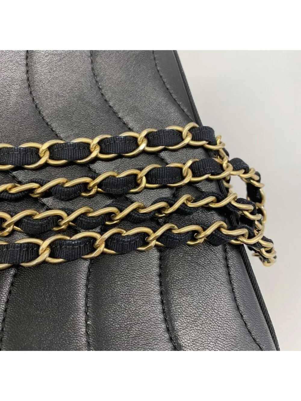 Chanel Shoulder Bag Wave Stitch Lambskin Black Gold